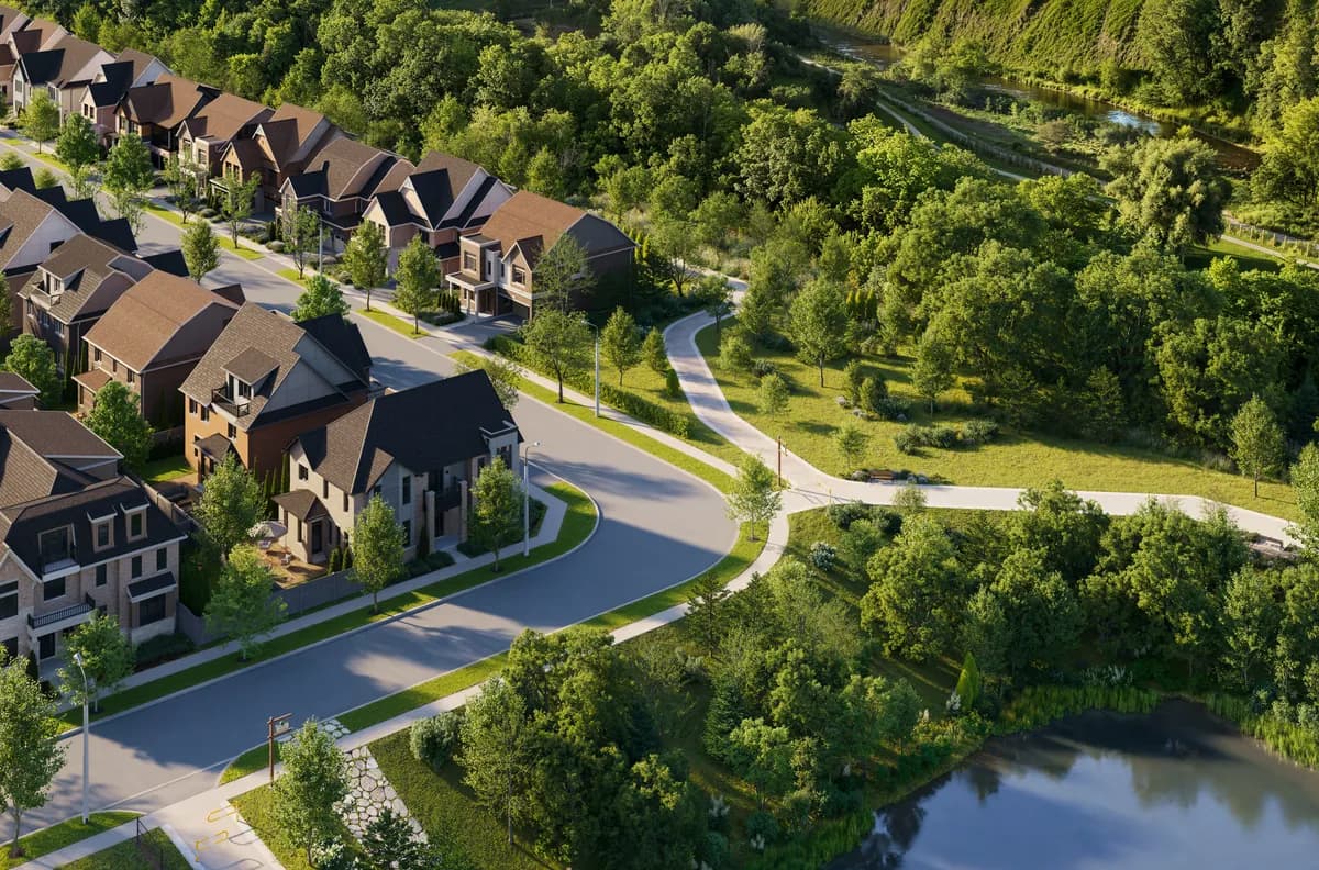 Artist’s aerial rendering of the pond, pathway and homes at Five Oaks