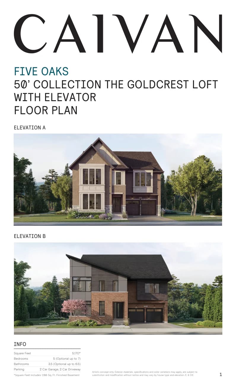The Goldcrest Loft with Elevator floor-plan package at Five Oaks Oakville by Caivan