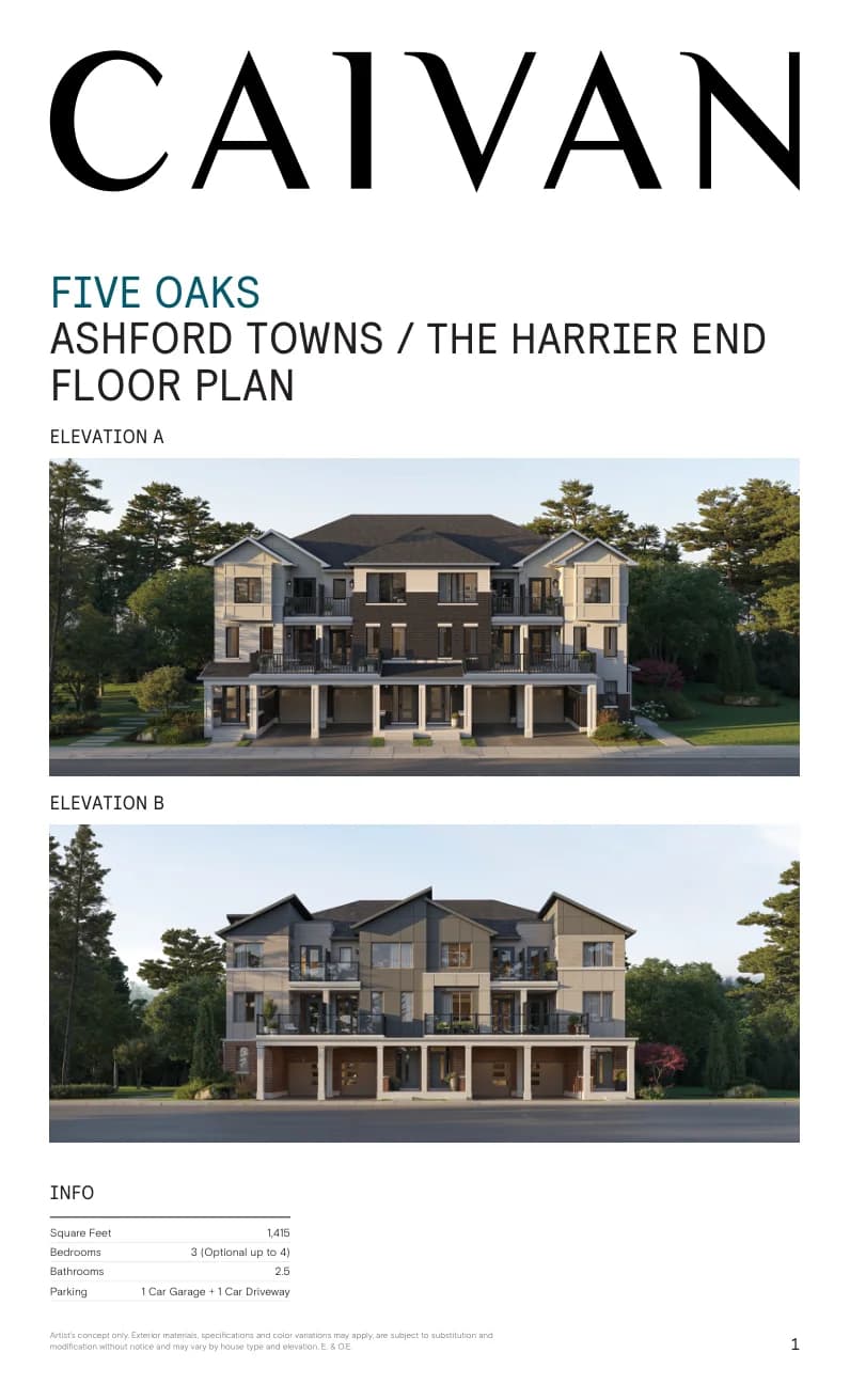 The Harrier End floor-plan package at Five Oaks Oakville by Caivan