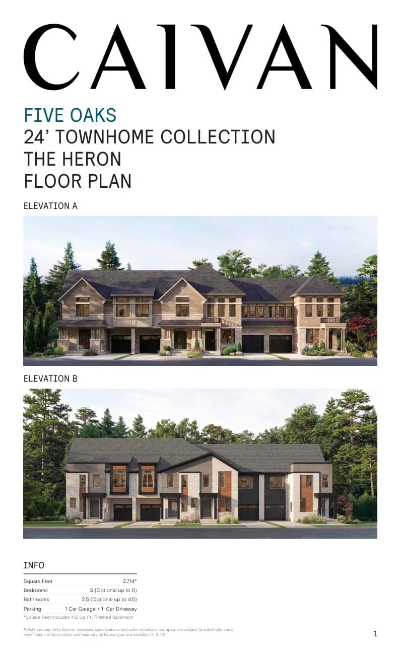 The Heron floor-plan package at Five Oaks Oakville by Caivan