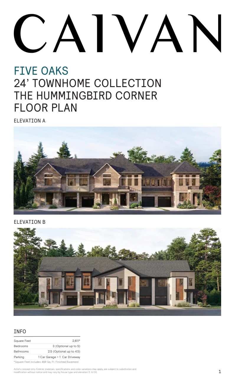 The Hummingbird Corner floor-plan package at Five Oaks Oakville by Caivan