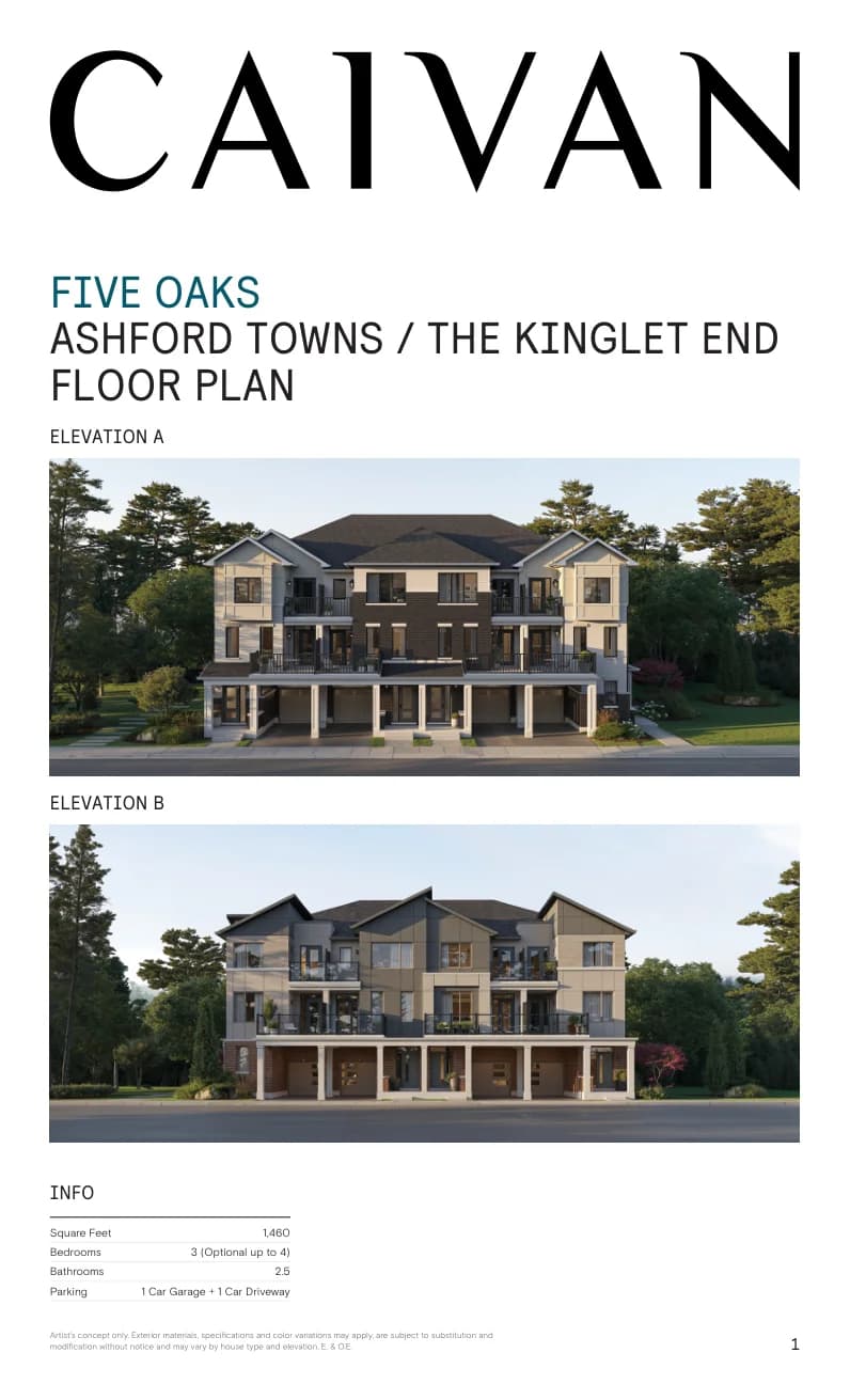 The Kinglet End floor-plan package at Five Oaks Oakville by Caivan
