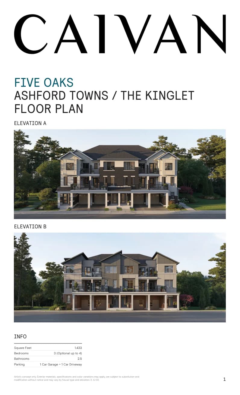 The Kinglet floor-plan package at Five Oaks Oakville by Caivan