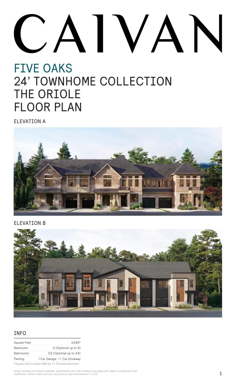 The Oriole floor-plan package at Five Oaks Oakville by Caivan