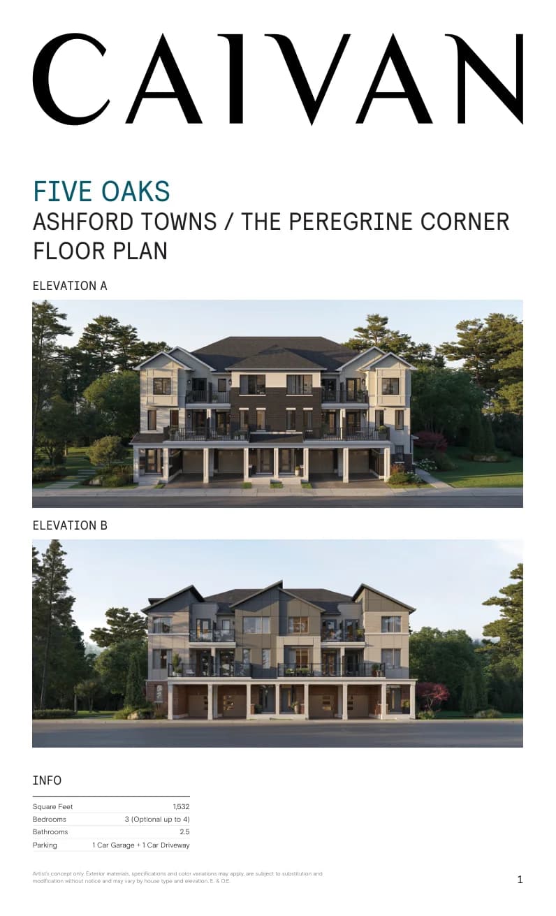 The Peregrine Corner floor-plan package at Five Oaks Oakville by Caivan