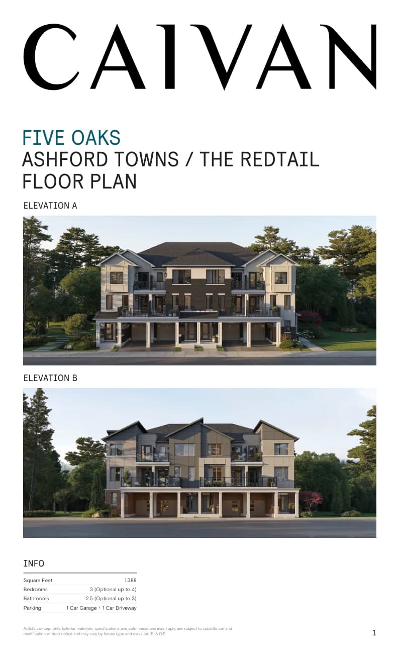 The Redtail floor-plan package at Five Oaks Oakville by Caivan