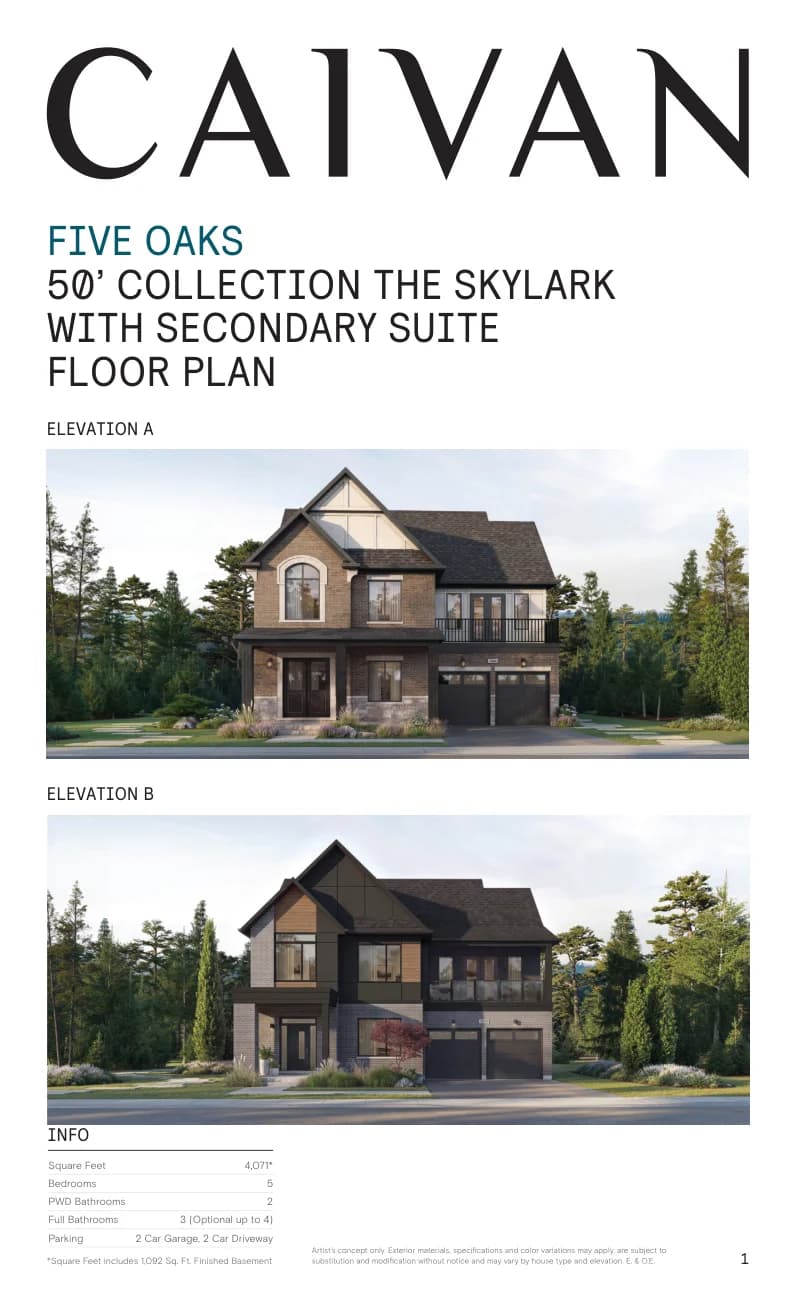 The Skylark with Secondary Suite floor-plan package at Five Oaks Oakville by Caivan