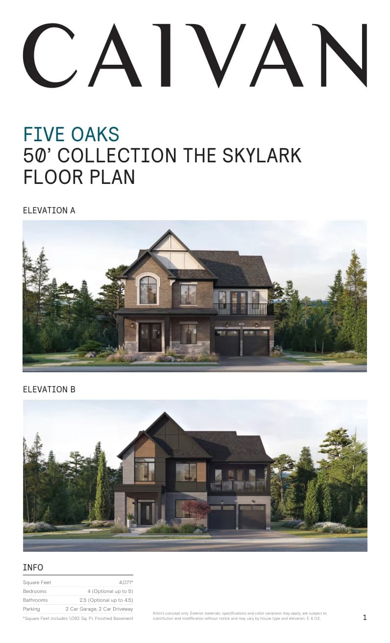 The Skylark floor-plan package at Five Oaks Oakville by Caivan