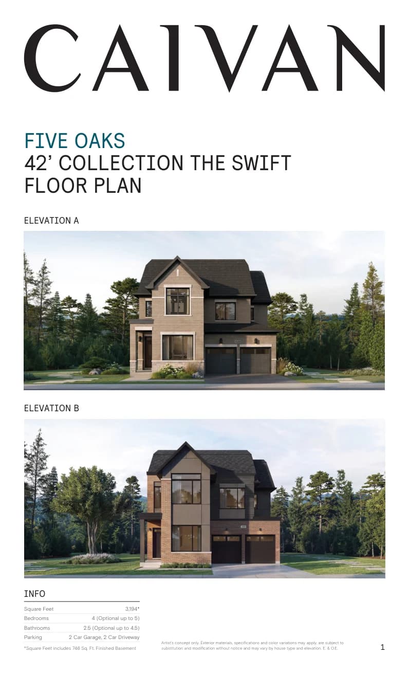 The Swift floor-plan package at Five Oaks Oakville by Caivan