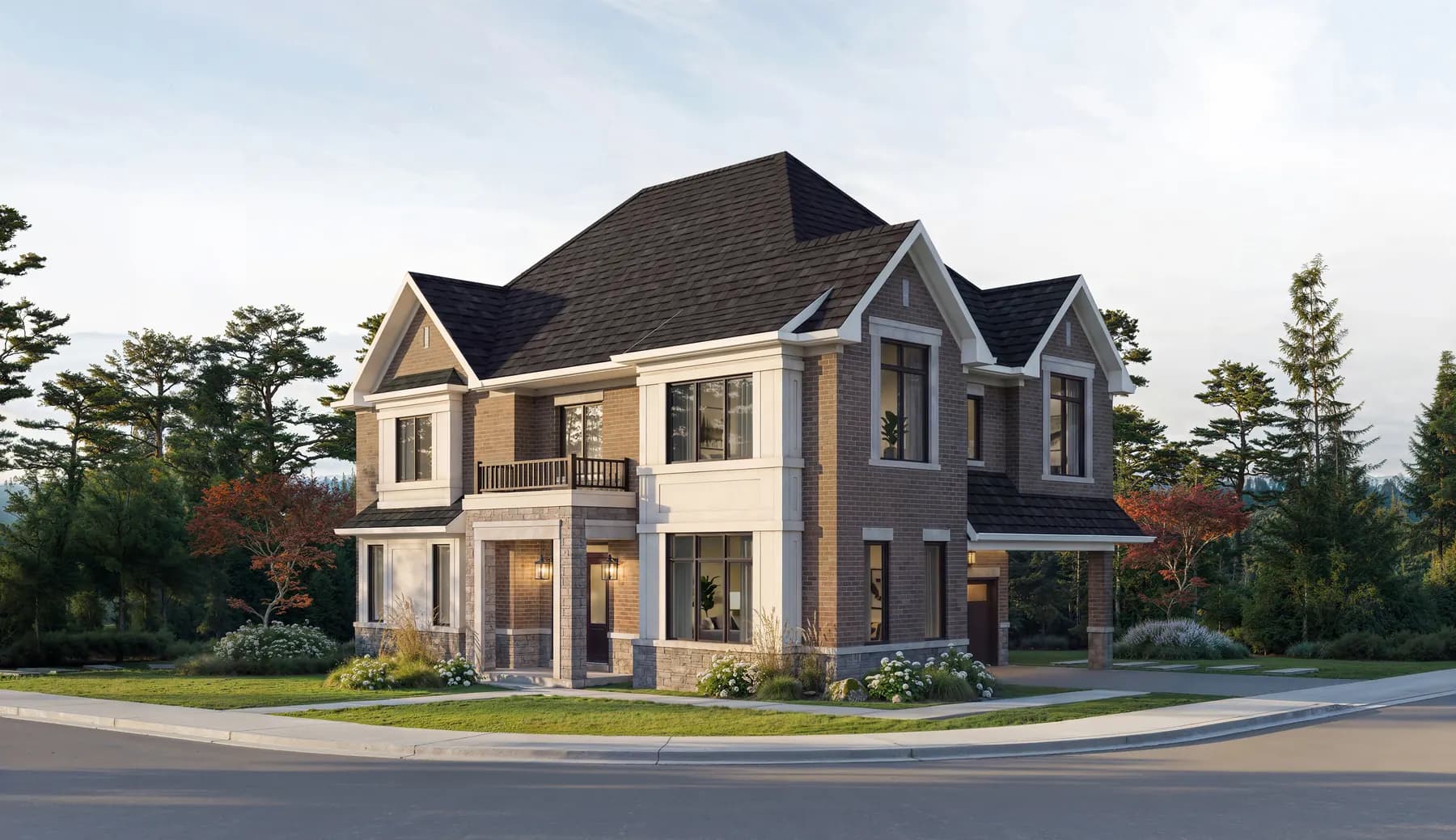 Five Oaks 40′ collection the starling corner elevation a rendering by Caivan