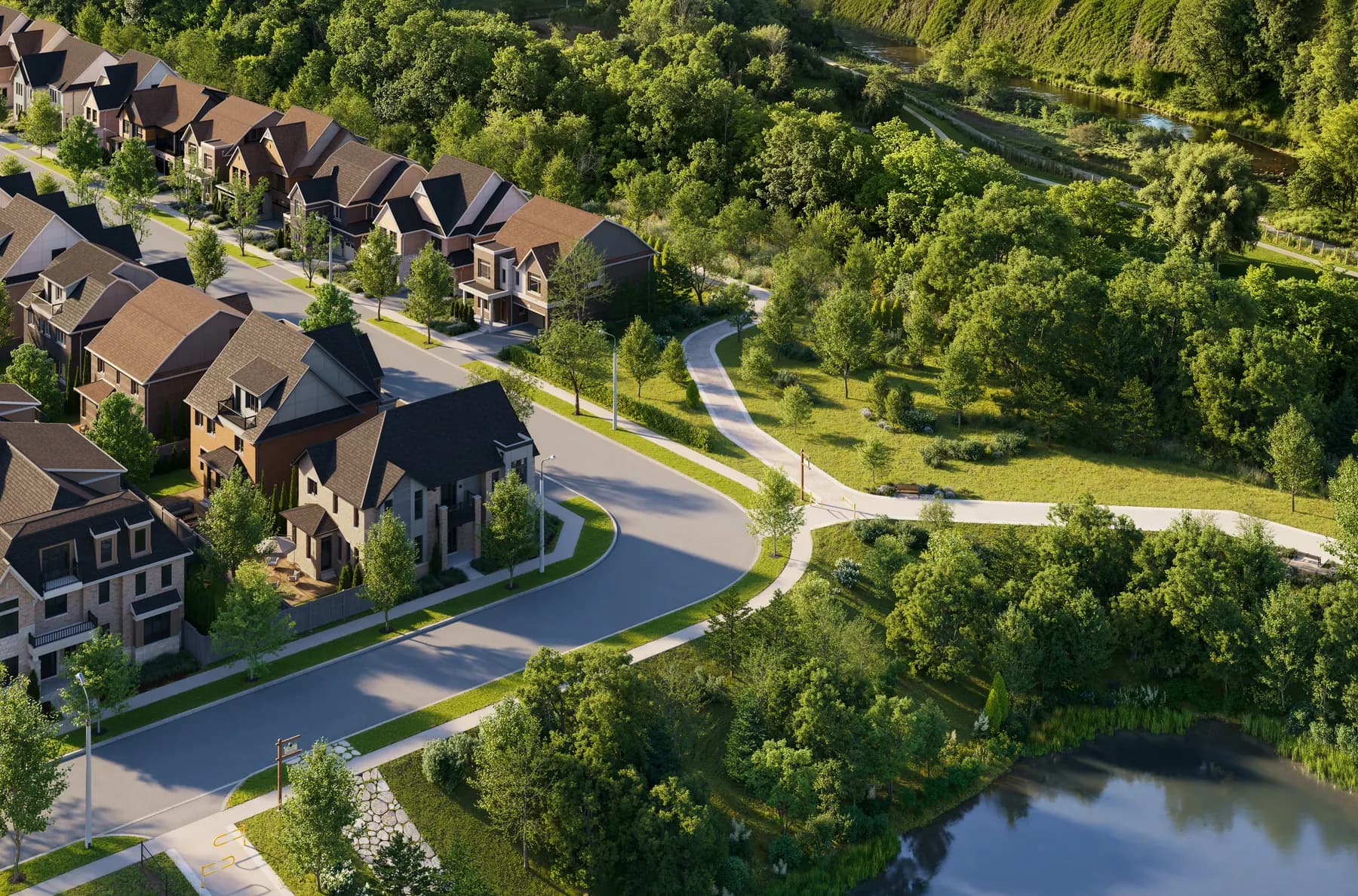 Five Oaks pond & pathway aerial rendering by Caivan